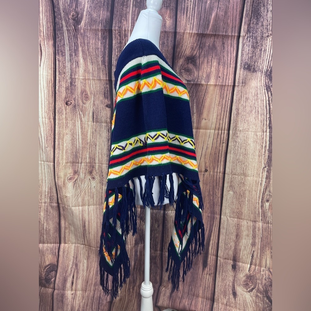 Miss Erika Inc Navy multi colored striped boho sweater poncho - Picture 4 of 14